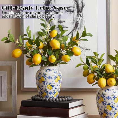 Capri Lemon Ceramic Vase with Artificial Lemons Branches 7.87inch Blue Tiles Yellow Lemon Vase 6 Head Faux Lemons with Stem Fake Fruit Themed for Kitchen Decoration Party Farmhouse Decor