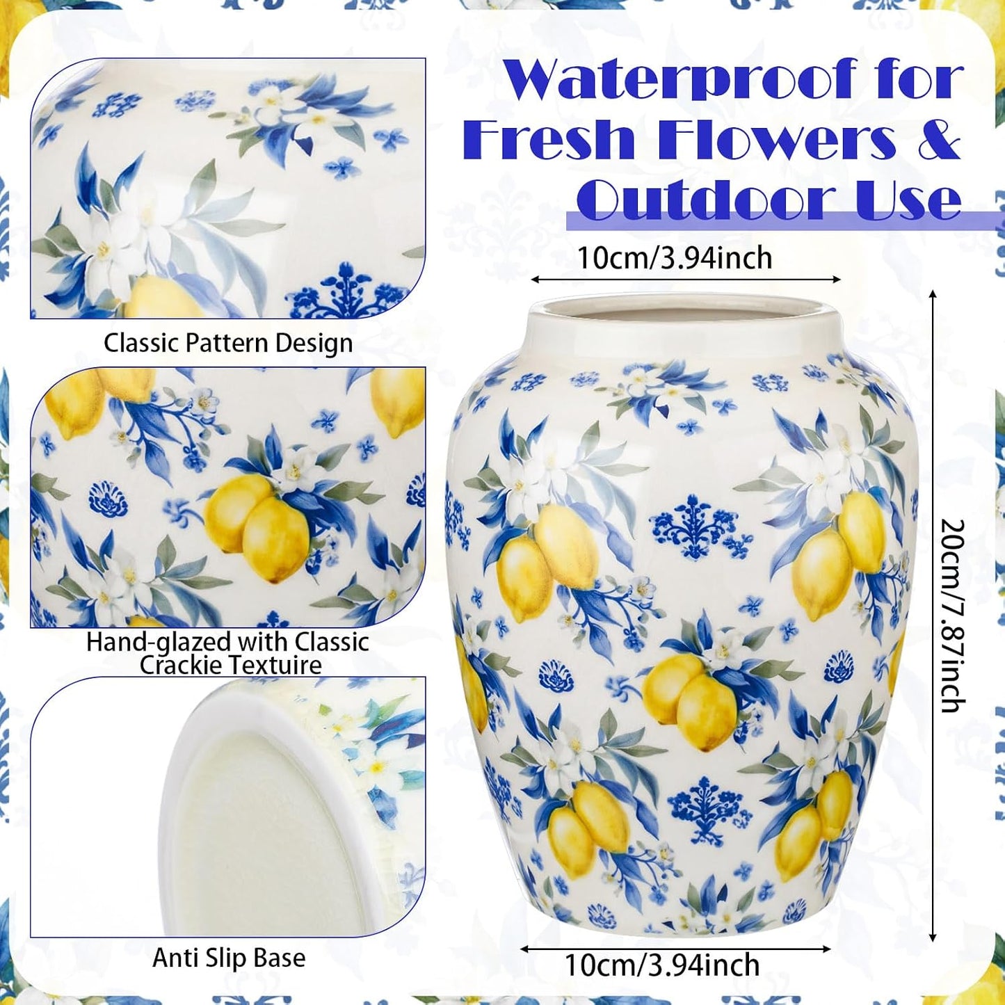 Capri Lemon Ceramic Vase with Artificial Lemons Branches 7.87inch Blue Tiles Yellow Lemon Vase 6 Head Faux Lemons with Stem Fake Fruit Themed for Kitchen Decoration Party Farmhouse Decor