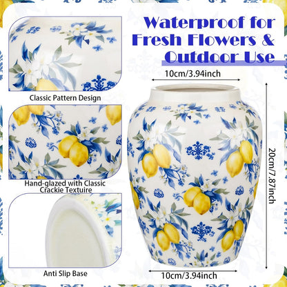 Capri Lemon Ceramic Vase with Artificial Lemons Branches 7.87inch Blue Tiles Yellow Lemon Vase 6 Head Faux Lemons with Stem Fake Fruit Themed for Kitchen Decoration Party Farmhouse Decor