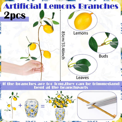 Capri Lemon Ceramic Vase with Artificial Lemons Branches 7.87inch Blue Tiles Yellow Lemon Vase 6 Head Faux Lemons with Stem Fake Fruit Themed for Kitchen Decoration Party Farmhouse Decor