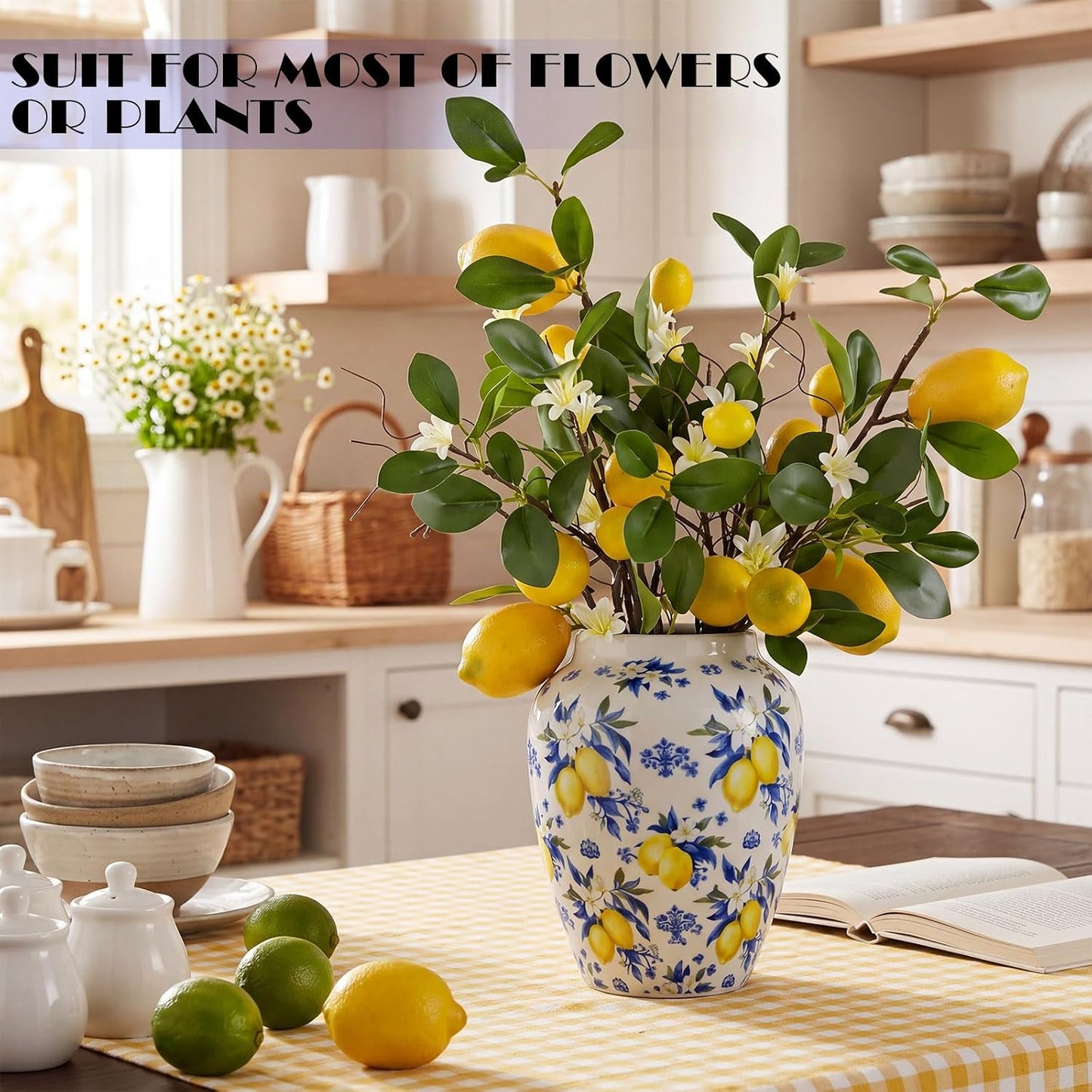 Capri Lemon Ceramic Vase with Artificial Lemons Branches 7.87inch Blue Tiles Yellow Lemon Vase 6 Head Faux Lemons with Stem Fake Fruit Themed for Kitchen Decoration Party Farmhouse Decor