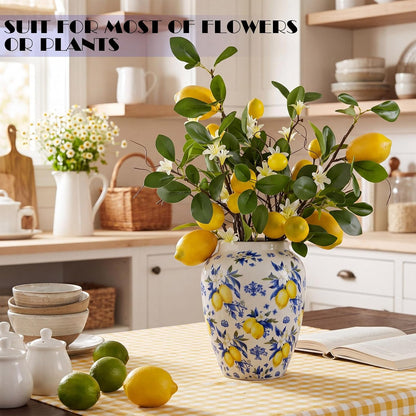 Capri Lemon Ceramic Vase with Artificial Lemons Branches 7.87inch Blue Tiles Yellow Lemon Vase 6 Head Faux Lemons with Stem Fake Fruit Themed for Kitchen Decoration Party Farmhouse Decor