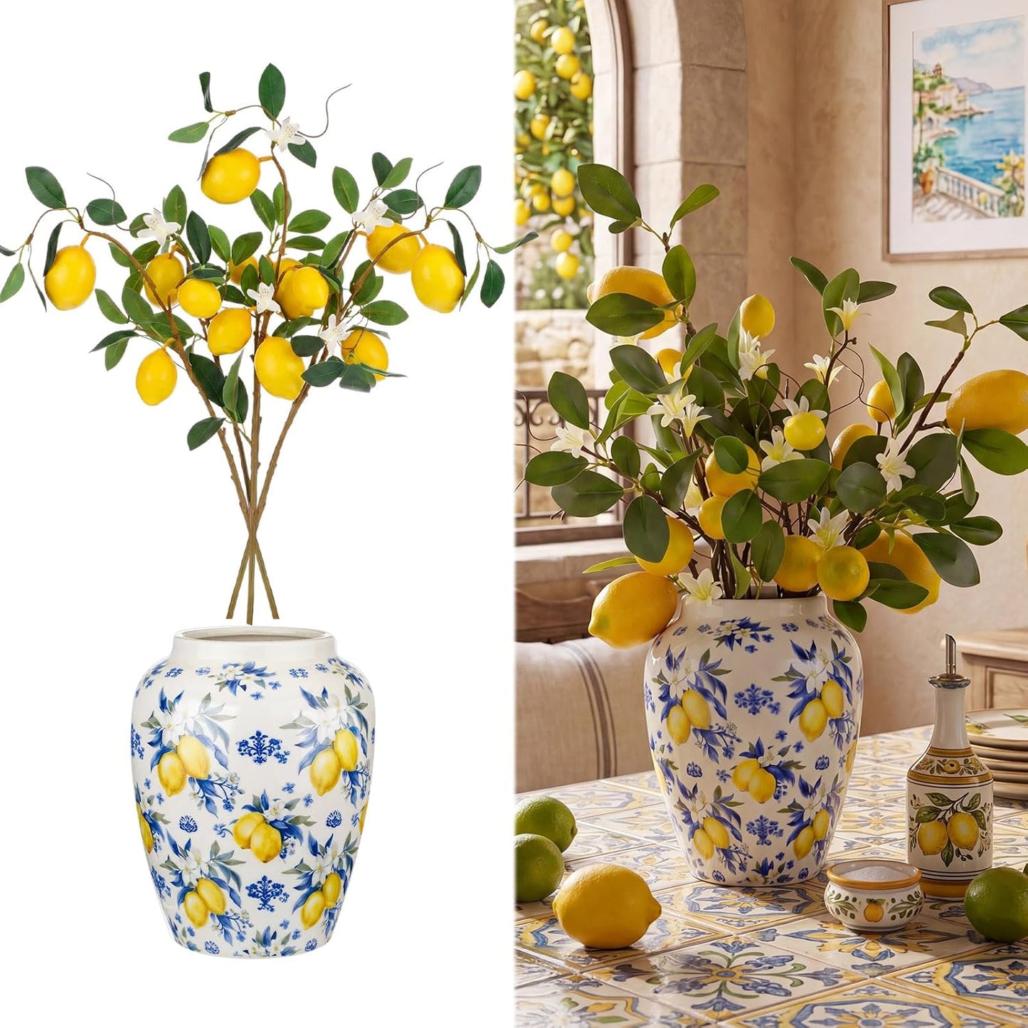 Capri Lemon Ceramic Vase with Artificial Lemons Branches 7.87inch Blue Tiles Yellow Lemon Vase 6 Head Faux Lemons with Stem Fake Fruit Themed for Kitchen Decoration Party Farmhouse Decor