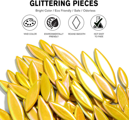 Petal Mosaic Tiles for Crafts, 200g Flower Leaf Ceramic Tiles Pieces for Mosaic Craft Supplies, DIY Outdoor Decor (Iridescent Yellow)