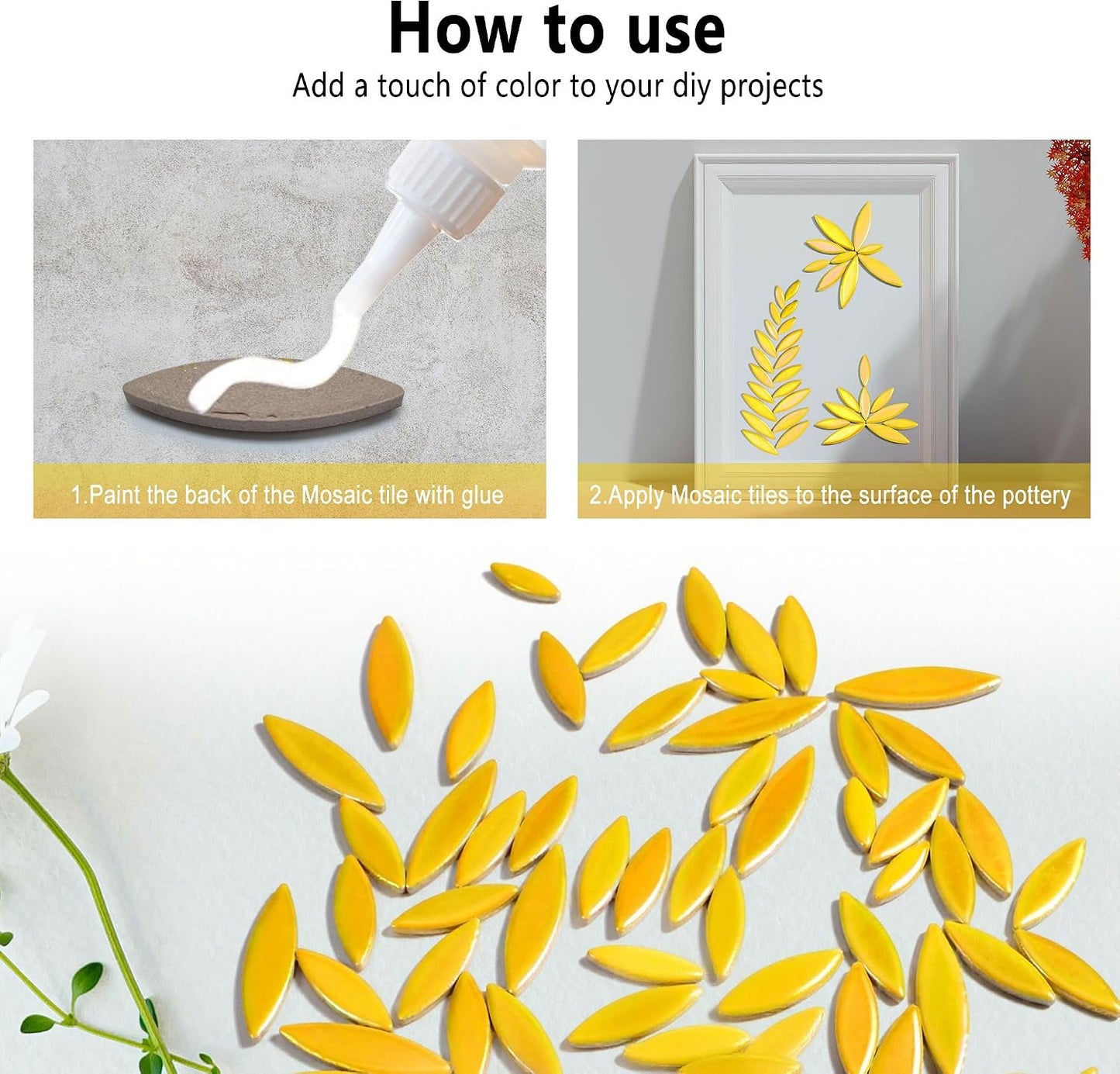 Petal Mosaic Tiles for Crafts, 200g Flower Leaf Ceramic Tiles Pieces for Mosaic Craft Supplies, DIY Outdoor Decor (Iridescent Yellow)