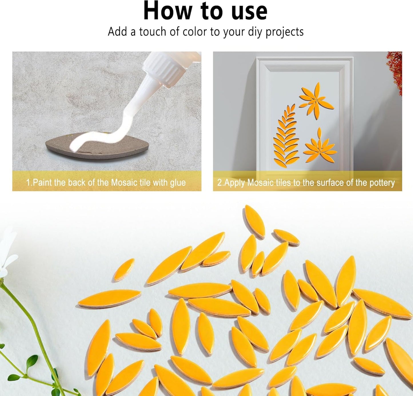 Petal Mosaic Tiles for Crafts, 200g Flower Leaf Ceramic Tiles Pieces for Mosaic Craft Supplies, DIY Outdoor Decor (Iridescent Yellow)