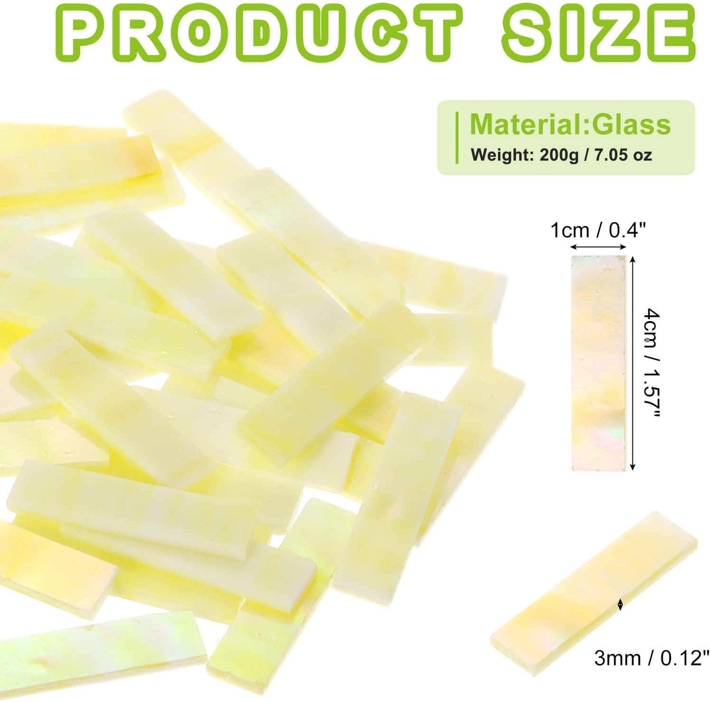 Rectangular Mosaic Tiles Stained Glass Strips, 1.57" x 0.4" Iridescent Yellow Glass Pieces 200g/7.05 oz Mosaic Tile Making Supplies for DIY Handmade Crafts and Home Decoration