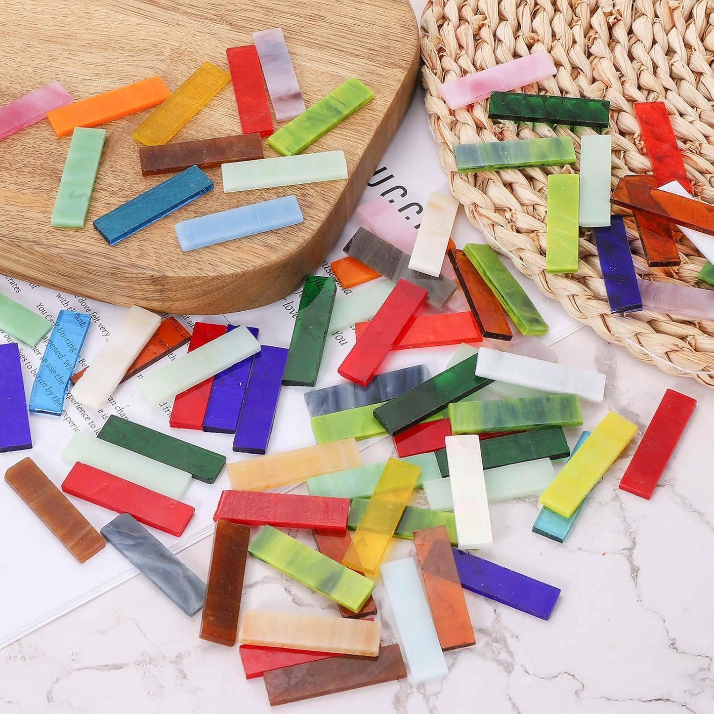 Rectangular Mosaic Tiles Stained Glass Strips, 1.57" x 0.4" Iridescent Yellow Glass Pieces 200g/7.05 oz Mosaic Tile Making Supplies for DIY Handmade Crafts and Home Decoration
