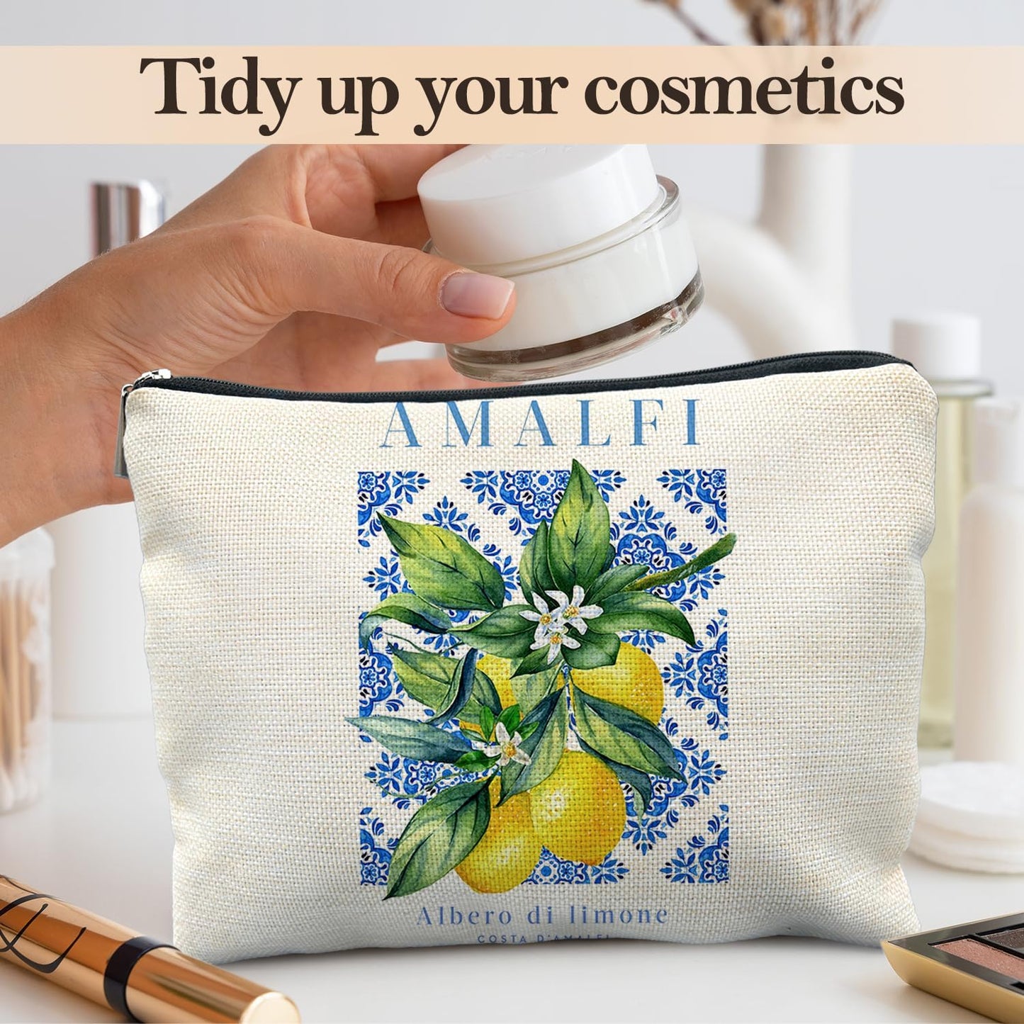Lemon Gifts Makeup Bag, Amalfi Coast Souvenirs Cosmetic Bags for Women, Mediterranean Makeup Pouch, Italian Souvenirs Gift Zipper Pouch