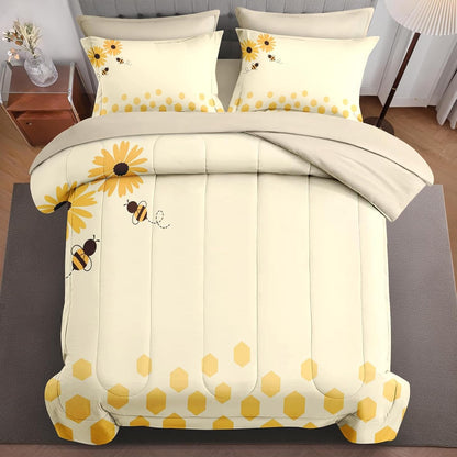 7Pcs Comforter Set Queen Size, Honey Bee Themed Yellow Sunflower, Bedding Decor Cute Daisy Flower Bumble Honeycomb Bedroom Bed Set Flat Fitted Sheet Pillowcases Shams for Kids and Adults