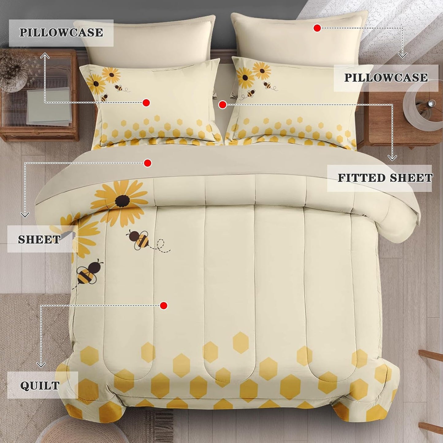 7Pcs Comforter Set Queen Size, Honey Bee Themed Yellow Sunflower, Bedding Decor Cute Daisy Flower Bumble Honeycomb Bedroom Bed Set Flat Fitted Sheet Pillowcases Shams for Kids and Adults