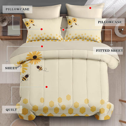 7Pcs Comforter Set Queen Size, Honey Bee Themed Yellow Sunflower, Bedding Decor Cute Daisy Flower Bumble Honeycomb Bedroom Bed Set Flat Fitted Sheet Pillowcases Shams for Kids and Adults