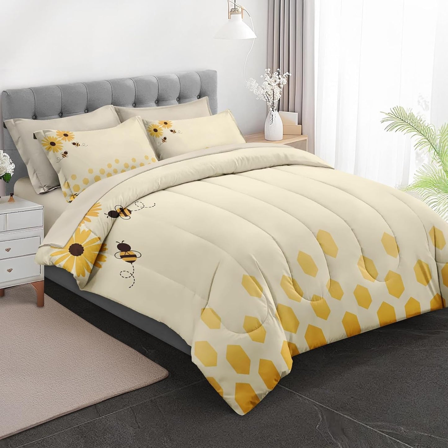 7Pcs Comforter Set Queen Size, Honey Bee Themed Yellow Sunflower, Bedding Decor Cute Daisy Flower Bumble Honeycomb Bedroom Bed Set Flat Fitted Sheet Pillowcases Shams for Kids and Adults