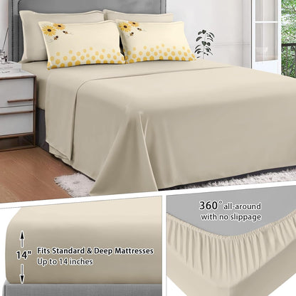 7Pcs Comforter Set Queen Size, Honey Bee Themed Yellow Sunflower, Bedding Decor Cute Daisy Flower Bumble Honeycomb Bedroom Bed Set Flat Fitted Sheet Pillowcases Shams for Kids and Adults