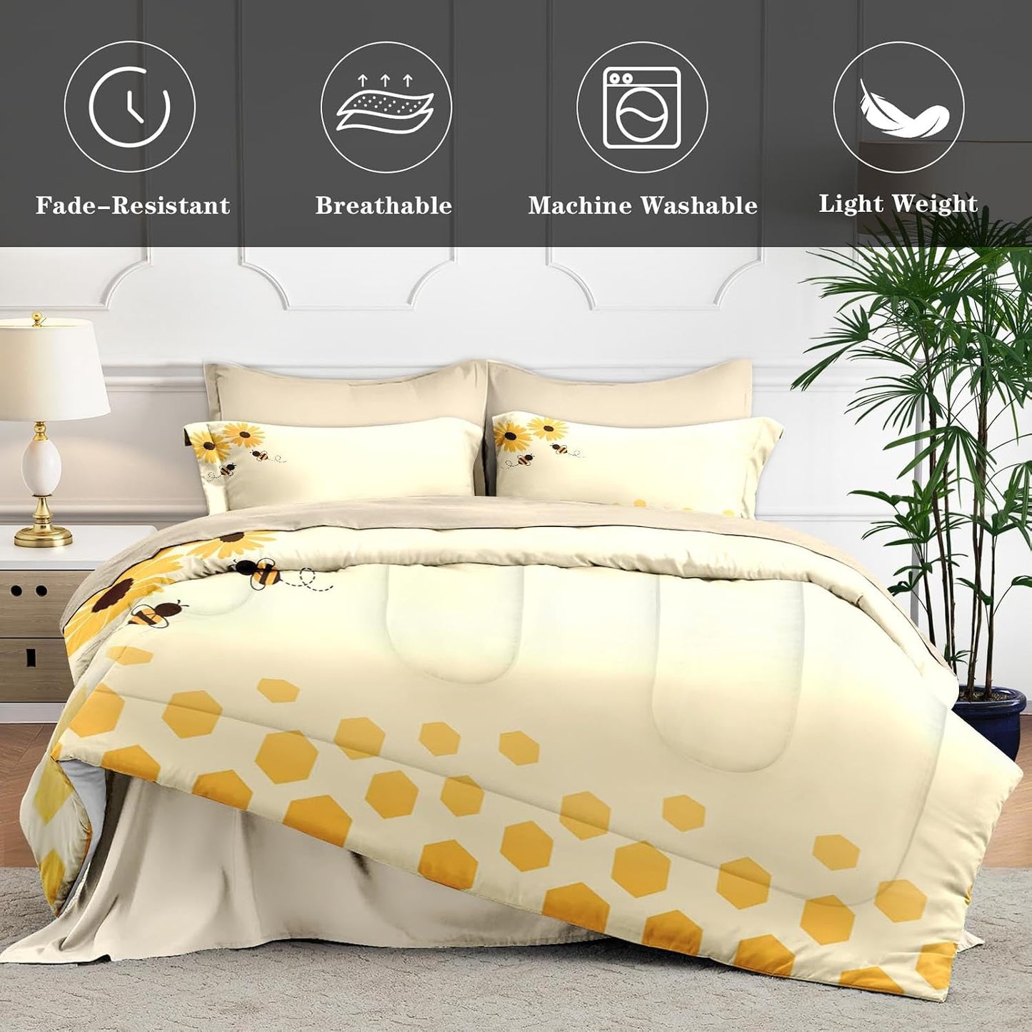 7Pcs Comforter Set Queen Size, Honey Bee Themed Yellow Sunflower, Bedding Decor Cute Daisy Flower Bumble Honeycomb Bedroom Bed Set Flat Fitted Sheet Pillowcases Shams for Kids and Adults