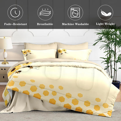 7Pcs Comforter Set Queen Size, Honey Bee Themed Yellow Sunflower, Bedding Decor Cute Daisy Flower Bumble Honeycomb Bedroom Bed Set Flat Fitted Sheet Pillowcases Shams for Kids and Adults