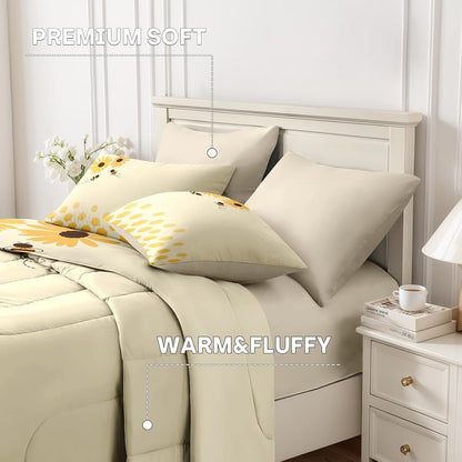 7Pcs Comforter Set Queen Size, Honey Bee Themed Yellow Sunflower, Bedding Decor Cute Daisy Flower Bumble Honeycomb Bedroom Bed Set Flat Fitted Sheet Pillowcases Shams for Kids and Adults