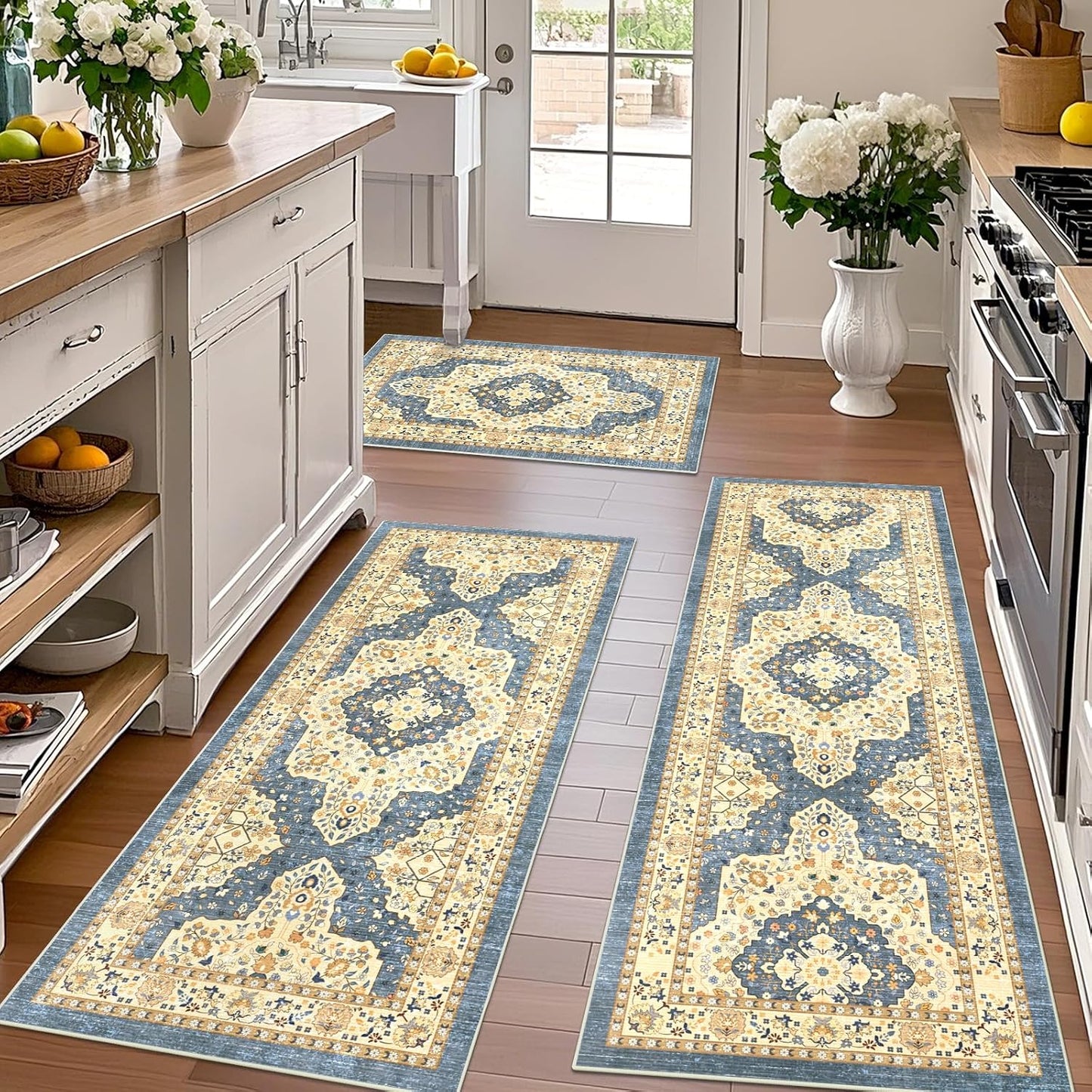 Boho Non-Slip Washable Kitchen Rug Set of 3, Soft Thick Stain Resistant Kitchen Floor Mats, Yellow & Blue Farmhouse Decor Rugs for Sink Front, Hallway, Bathroom, Entryway, Laundry Room