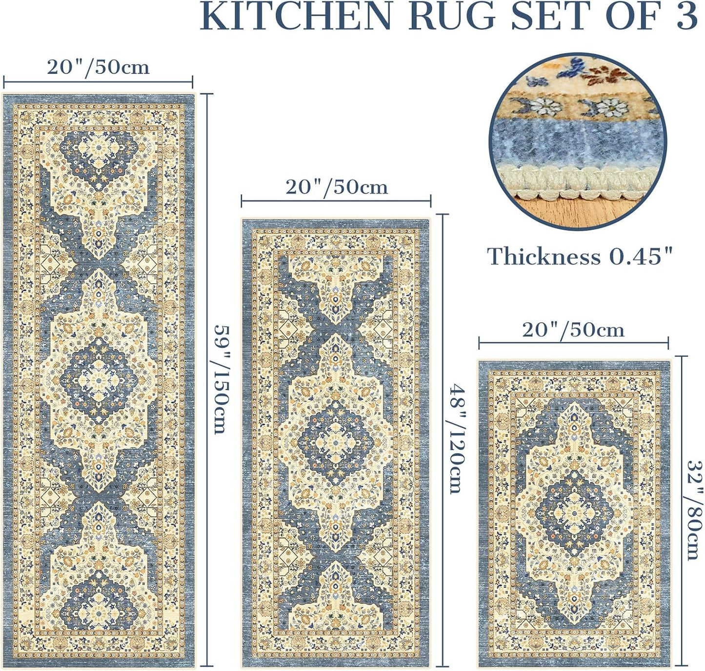 Boho Non-Slip Washable Kitchen Rug Set of 3, Soft Thick Stain Resistant Kitchen Floor Mats, Yellow & Blue Farmhouse Decor Rugs for Sink Front, Hallway, Bathroom, Entryway, Laundry Room