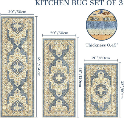 Boho Non-Slip Washable Kitchen Rug Set of 3, Soft Thick Stain Resistant Kitchen Floor Mats, Yellow & Blue Farmhouse Decor Rugs for Sink Front, Hallway, Bathroom, Entryway, Laundry Room