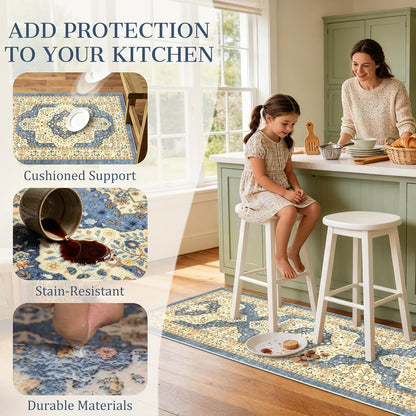 Boho Non-Slip Washable Kitchen Rug Set of 3, Soft Thick Stain Resistant Kitchen Floor Mats, Yellow & Blue Farmhouse Decor Rugs for Sink Front, Hallway, Bathroom, Entryway, Laundry Room