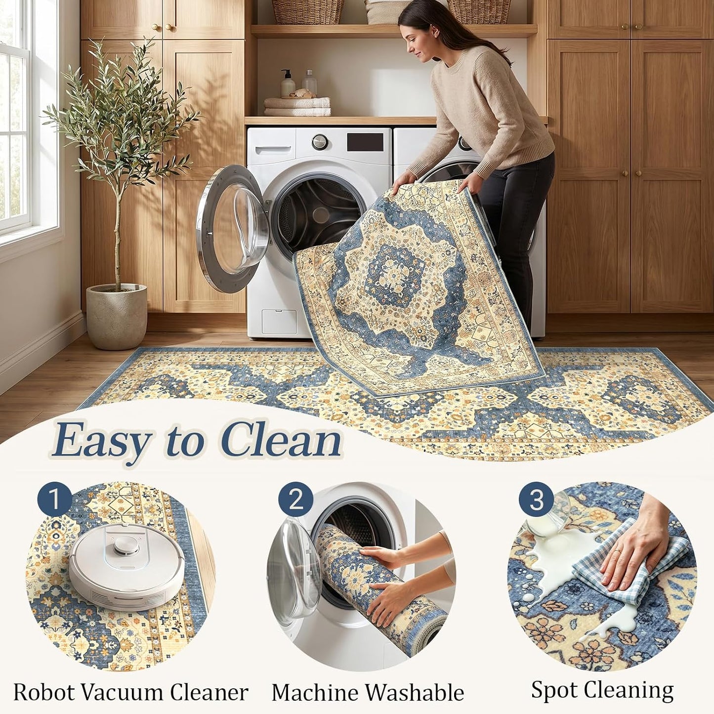 Boho Non-Slip Washable Kitchen Rug Set of 3, Soft Thick Stain Resistant Kitchen Floor Mats, Yellow & Blue Farmhouse Decor Rugs for Sink Front, Hallway, Bathroom, Entryway, Laundry Room