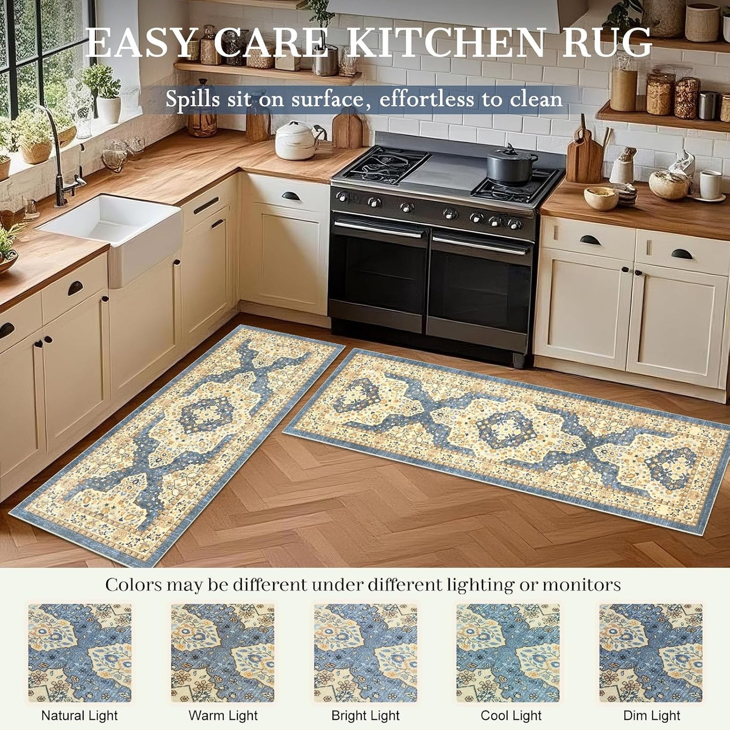 Boho Non-Slip Washable Kitchen Rug Set of 3, Soft Thick Stain Resistant Kitchen Floor Mats, Yellow & Blue Farmhouse Decor Rugs for Sink Front, Hallway, Bathroom, Entryway, Laundry Room