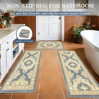 Boho Non-Slip Washable Kitchen Rug Set of 3, Soft Thick Stain Resistant Kitchen Floor Mats, Yellow & Blue Farmhouse Decor Rugs for Sink Front, Hallway, Bathroom, Entryway, Laundry Room