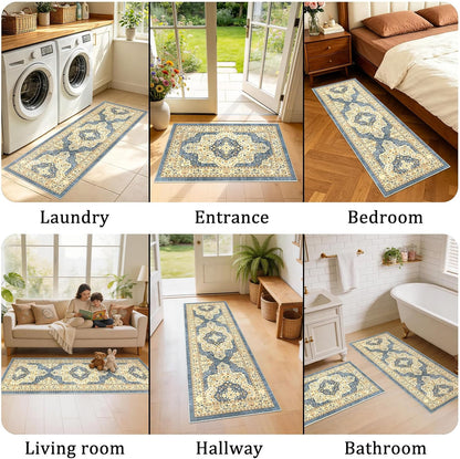 Boho Non-Slip Washable Kitchen Rug Set of 3, Soft Thick Stain Resistant Kitchen Floor Mats, Yellow & Blue Farmhouse Decor Rugs for Sink Front, Hallway, Bathroom, Entryway, Laundry Room