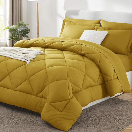 Full Size Comforter Sets Mustard Yellow - 7 Pieces Bed in a Bag Full, Luxury Soft Bed Set for All Seasons, Bedding Set with Down Alternative Comforter, Sheets, Pillowcases & Shams