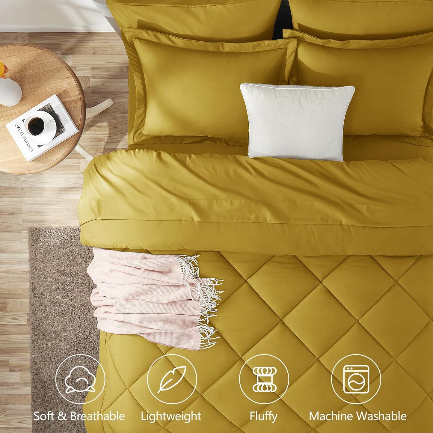 Full Size Comforter Sets Mustard Yellow - 7 Pieces Bed in a Bag Full, Luxury Soft Bed Set for All Seasons, Bedding Set with Down Alternative Comforter, Sheets, Pillowcases & Shams