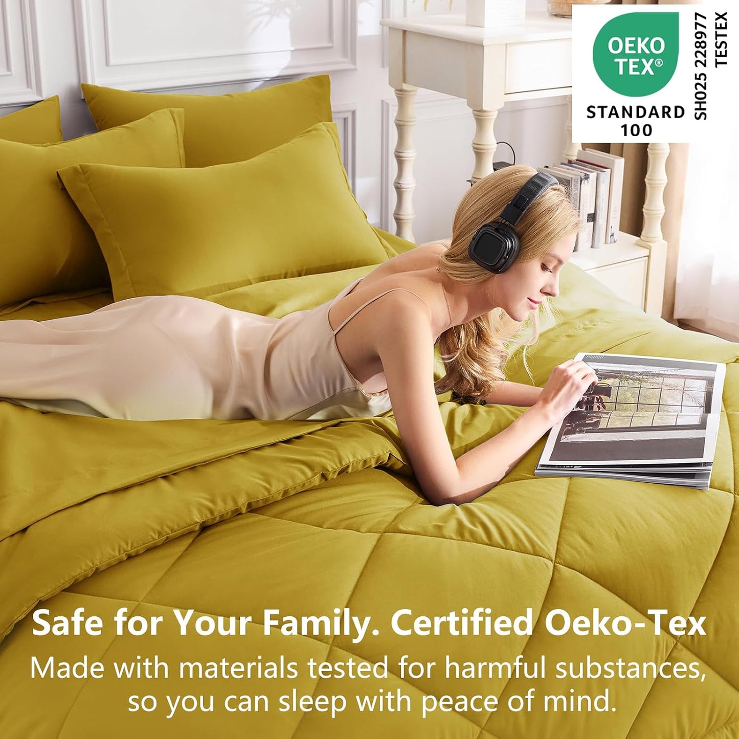 Full Size Comforter Sets Mustard Yellow - 7 Pieces Bed in a Bag Full, Luxury Soft Bed Set for All Seasons, Bedding Set with Down Alternative Comforter, Sheets, Pillowcases & Shams
