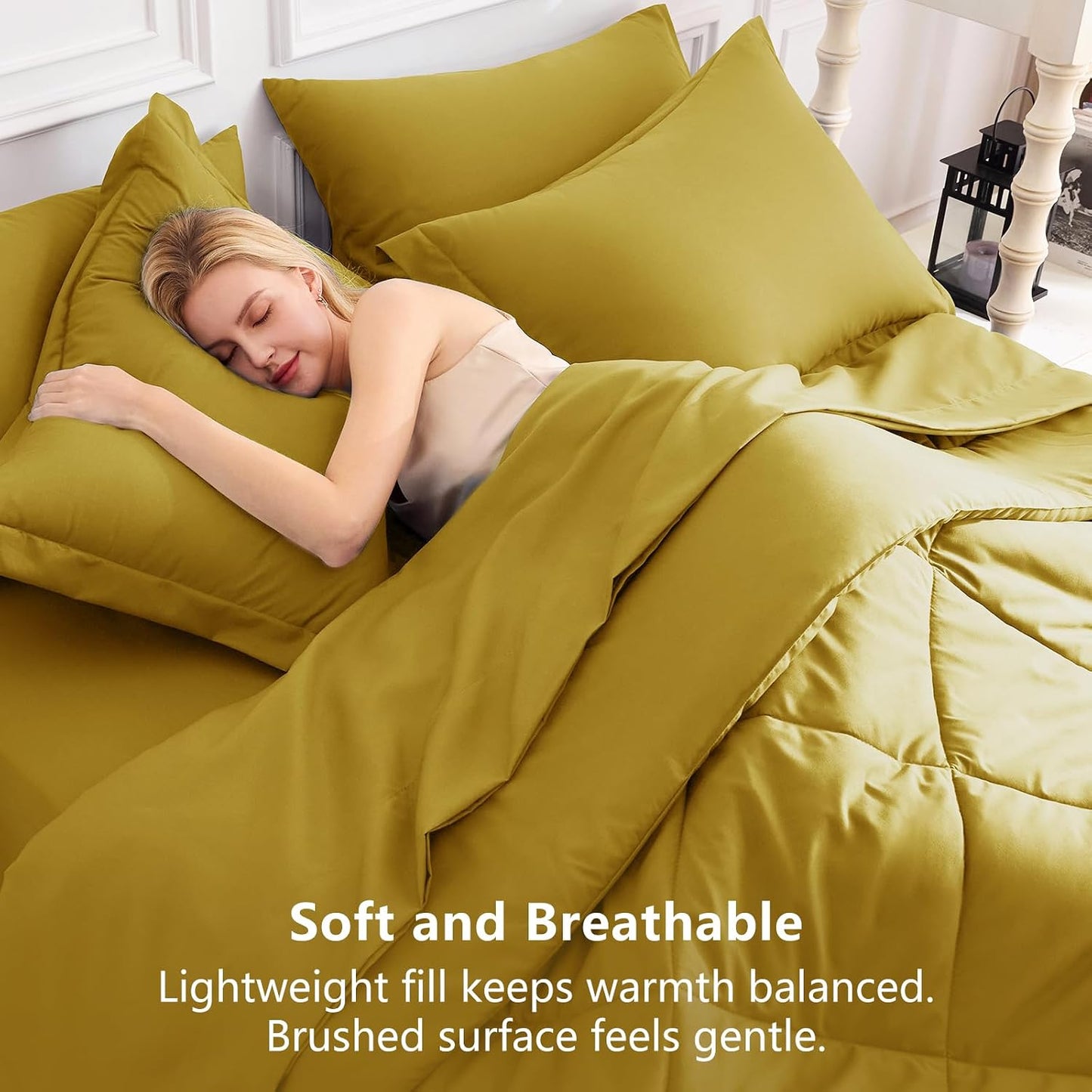Full Size Comforter Sets Mustard Yellow - 7 Pieces Bed in a Bag Full, Luxury Soft Bed Set for All Seasons, Bedding Set with Down Alternative Comforter, Sheets, Pillowcases & Shams