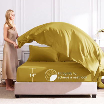 Full Size Comforter Sets Mustard Yellow - 7 Pieces Bed in a Bag Full, Luxury Soft Bed Set for All Seasons, Bedding Set with Down Alternative Comforter, Sheets, Pillowcases & Shams