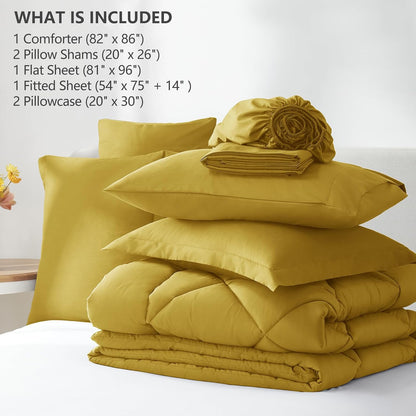 Full Size Comforter Sets Mustard Yellow - 7 Pieces Bed in a Bag Full, Luxury Soft Bed Set for All Seasons, Bedding Set with Down Alternative Comforter, Sheets, Pillowcases & Shams