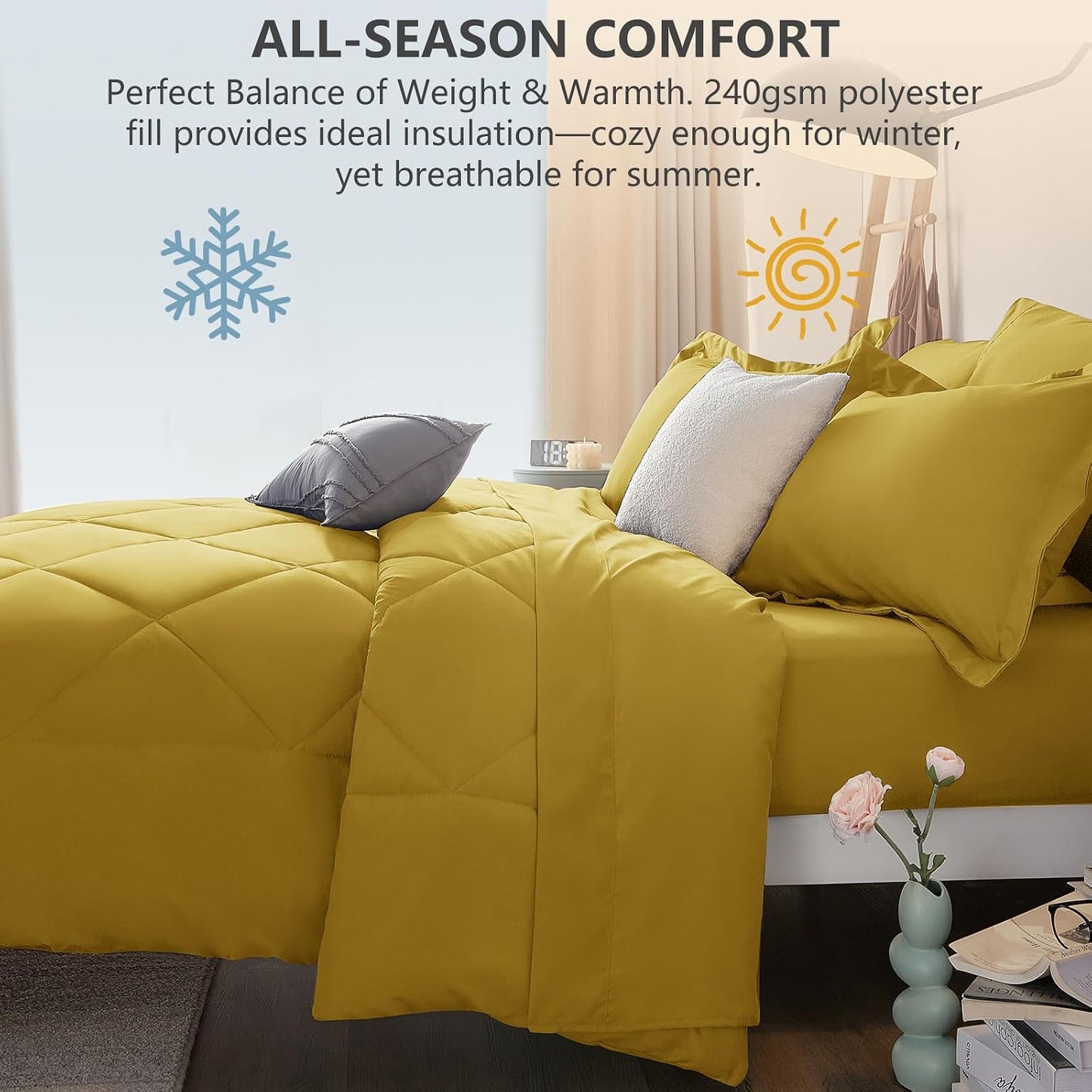 Full Size Comforter Sets Mustard Yellow - 7 Pieces Bed in a Bag Full, Luxury Soft Bed Set for All Seasons, Bedding Set with Down Alternative Comforter, Sheets, Pillowcases & Shams