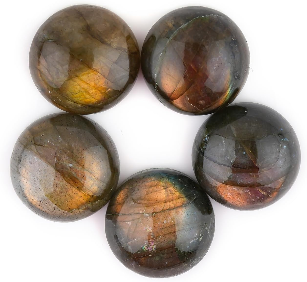 Natural Labradorite Gemstone Cabochon Pack of 5 Round Shape - Polished Crystal Stones for Jewelry Making Supply, Healing, Reiki & DIY Crafts, Natural Gem Cab Set for Wire Wrapping (15-18 mm)