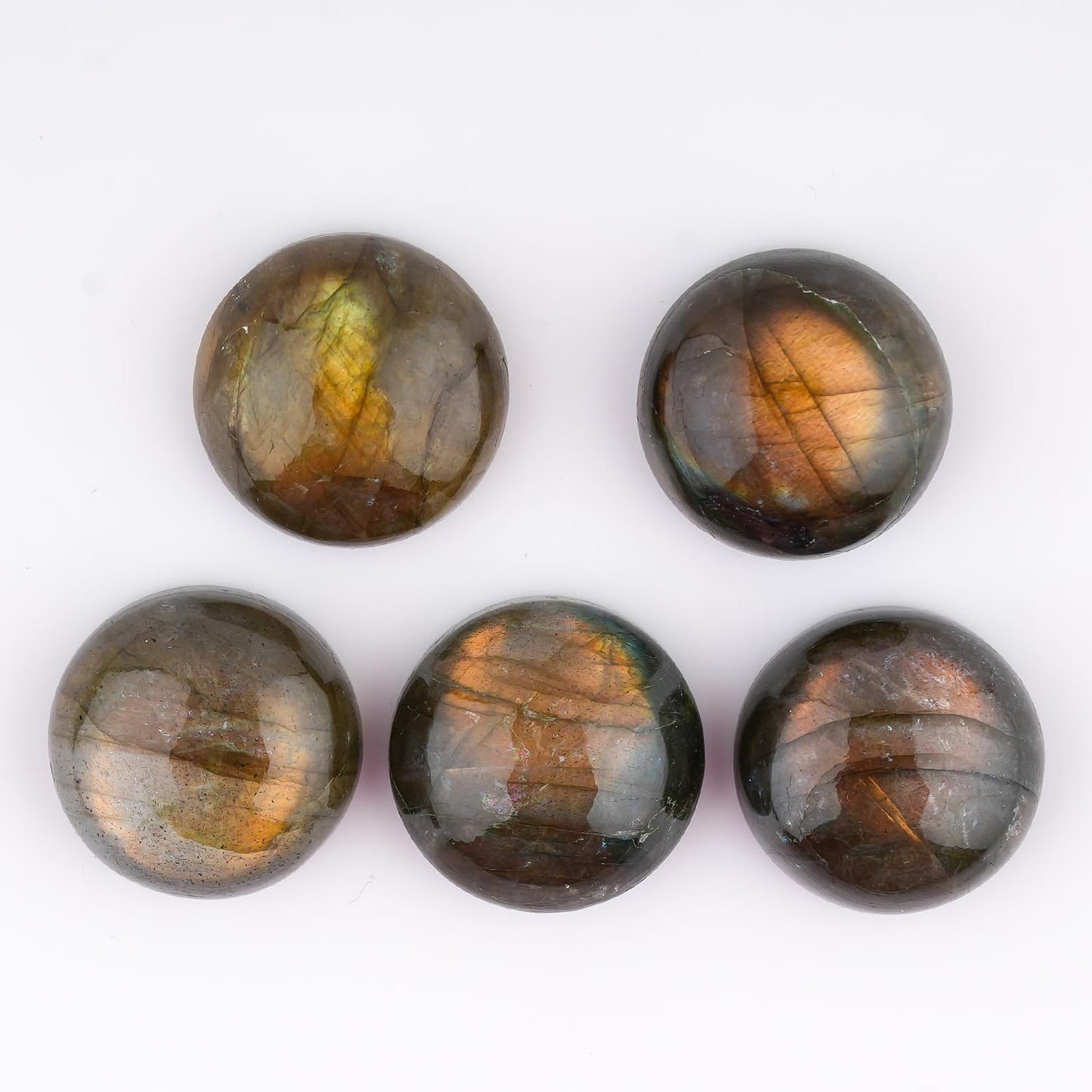 Natural Labradorite Gemstone Cabochon Pack of 5 Round Shape - Polished Crystal Stones for Jewelry Making Supply, Healing, Reiki & DIY Crafts, Natural Gem Cab Set for Wire Wrapping (15-18 mm)