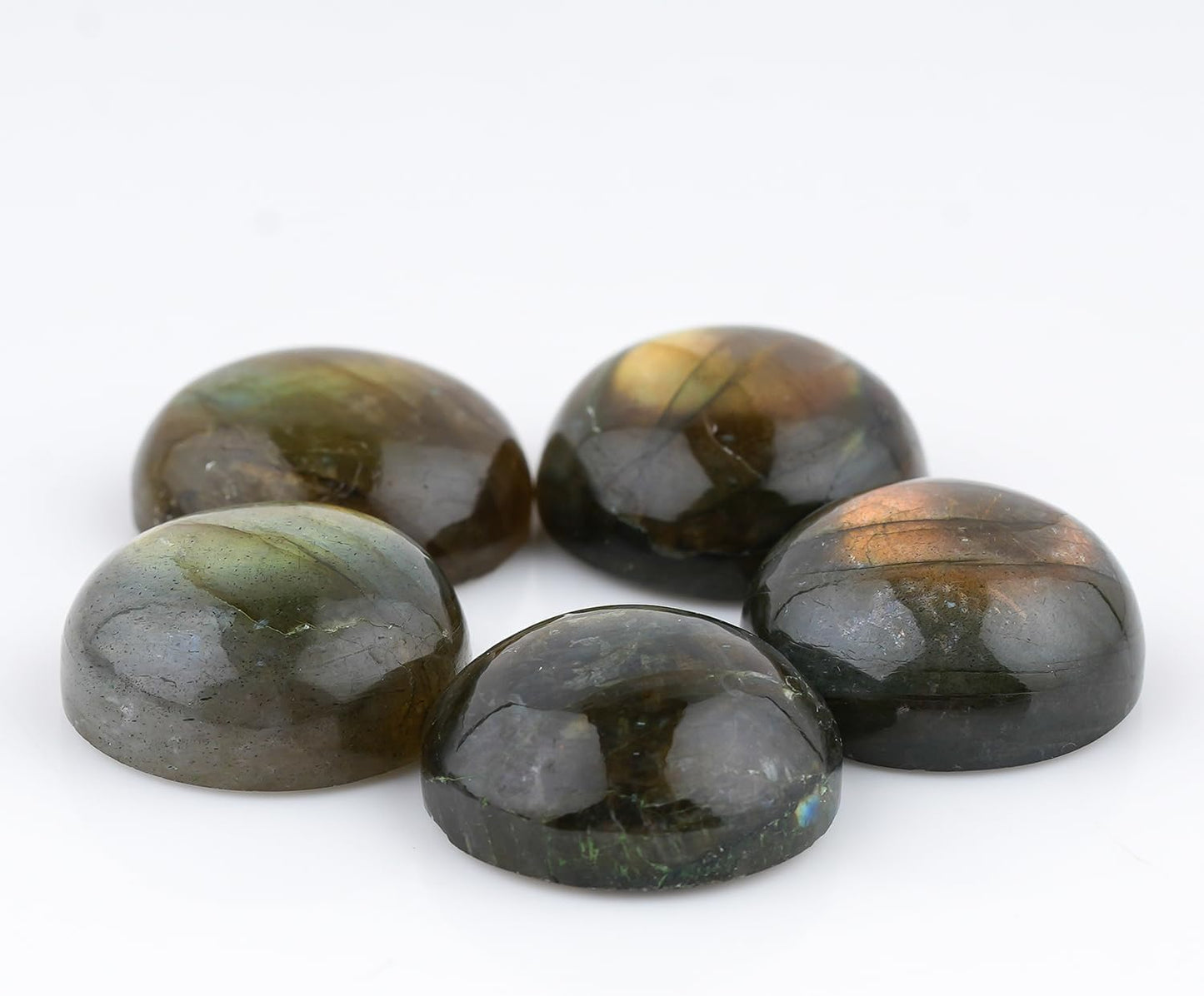 Natural Labradorite Gemstone Cabochon Pack of 5 Round Shape - Polished Crystal Stones for Jewelry Making Supply, Healing, Reiki & DIY Crafts, Natural Gem Cab Set for Wire Wrapping (15-18 mm)