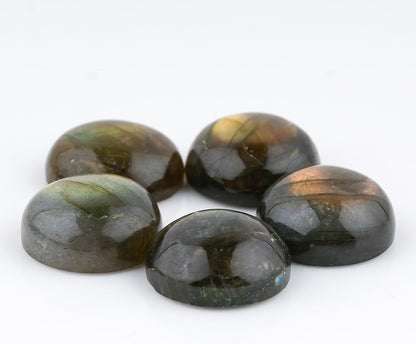 Natural Labradorite Gemstone Cabochon Pack of 5 Round Shape - Polished Crystal Stones for Jewelry Making Supply, Healing, Reiki & DIY Crafts, Natural Gem Cab Set for Wire Wrapping (15-18 mm)