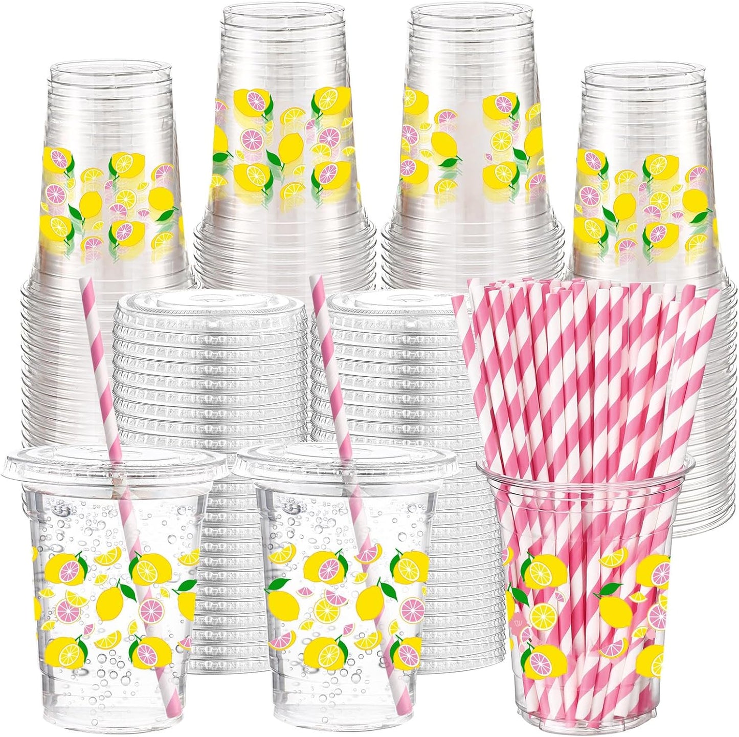 50 Sets Lemon Disposable Plastic Cups Bulk with Lids Straws 16 oz Lemon Clear Plastic Cups Yellow Fruit Themed Party Favors for Baby Shower Birthday Summer Tropical Fruit Bachelorette Party