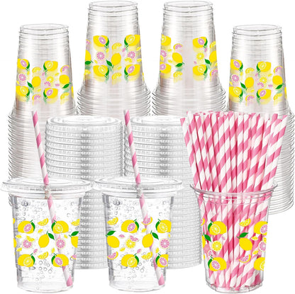 50 Sets Lemon Disposable Plastic Cups Bulk with Lids Straws 16 oz Lemon Clear Plastic Cups Yellow Fruit Themed Party Favors for Baby Shower Birthday Summer Tropical Fruit Bachelorette Party