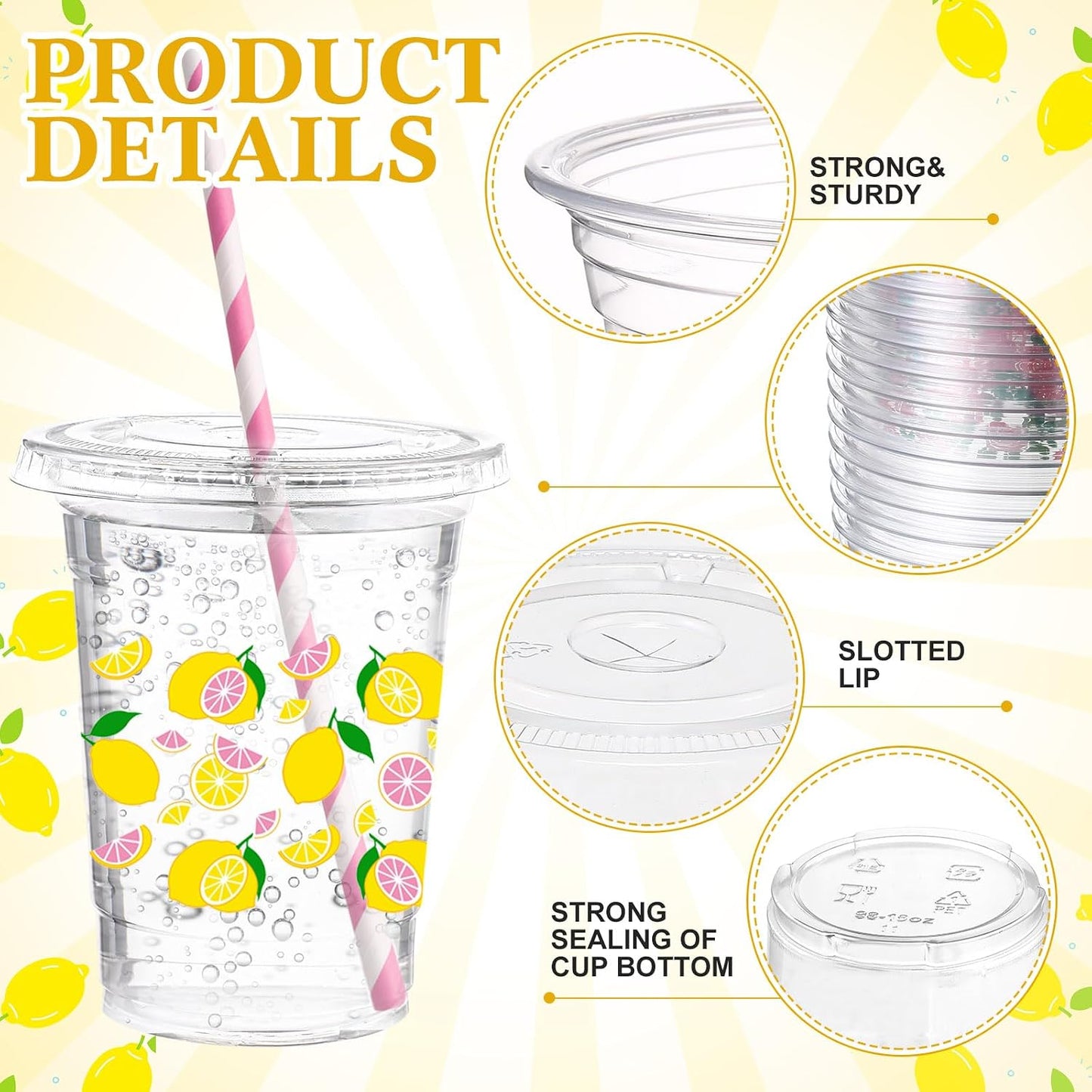 50 Sets Lemon Disposable Plastic Cups Bulk with Lids Straws 16 oz Lemon Clear Plastic Cups Yellow Fruit Themed Party Favors for Baby Shower Birthday Summer Tropical Fruit Bachelorette Party