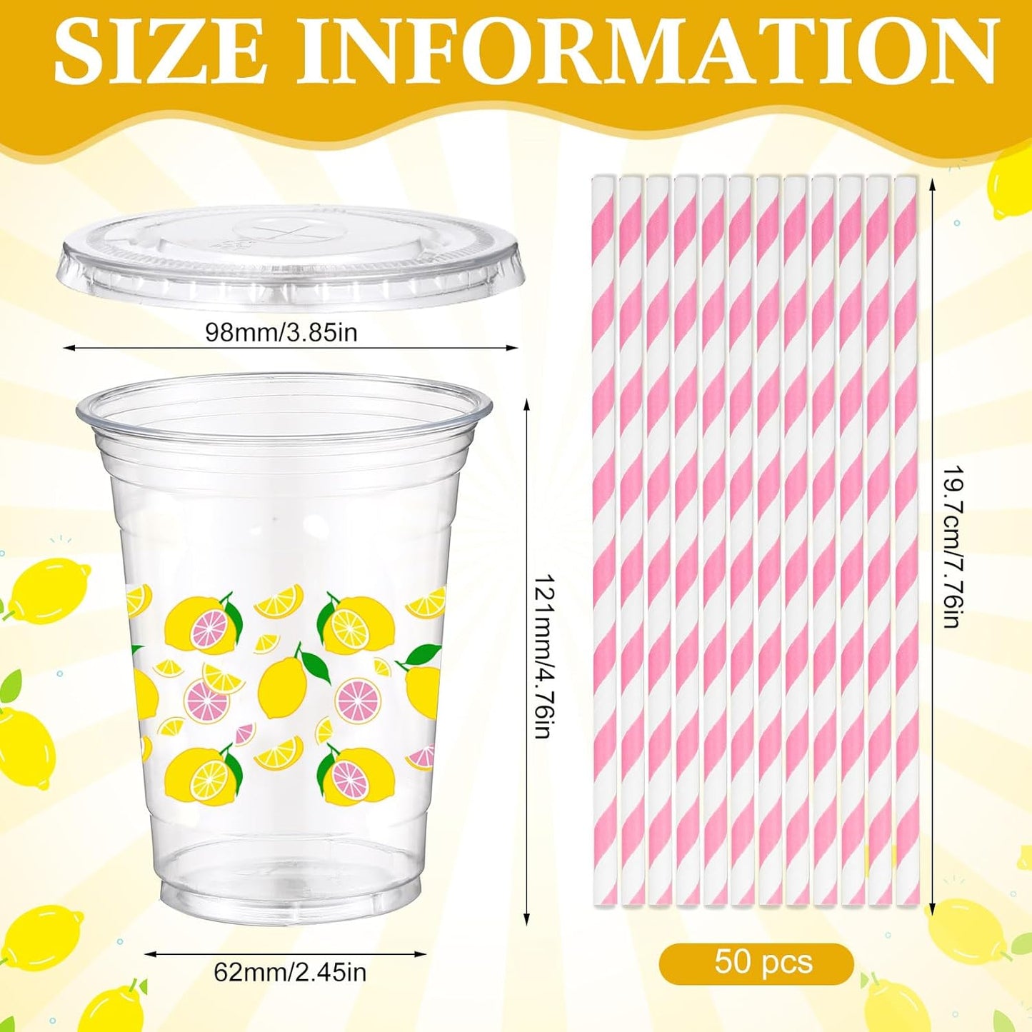 50 Sets Lemon Disposable Plastic Cups Bulk with Lids Straws 16 oz Lemon Clear Plastic Cups Yellow Fruit Themed Party Favors for Baby Shower Birthday Summer Tropical Fruit Bachelorette Party