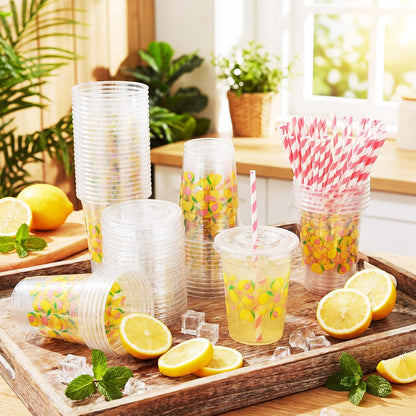 50 Sets Lemon Disposable Plastic Cups Bulk with Lids Straws 16 oz Lemon Clear Plastic Cups Yellow Fruit Themed Party Favors for Baby Shower Birthday Summer Tropical Fruit Bachelorette Party