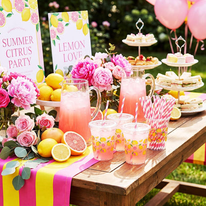 50 Sets Lemon Disposable Plastic Cups Bulk with Lids Straws 16 oz Lemon Clear Plastic Cups Yellow Fruit Themed Party Favors for Baby Shower Birthday Summer Tropical Fruit Bachelorette Party