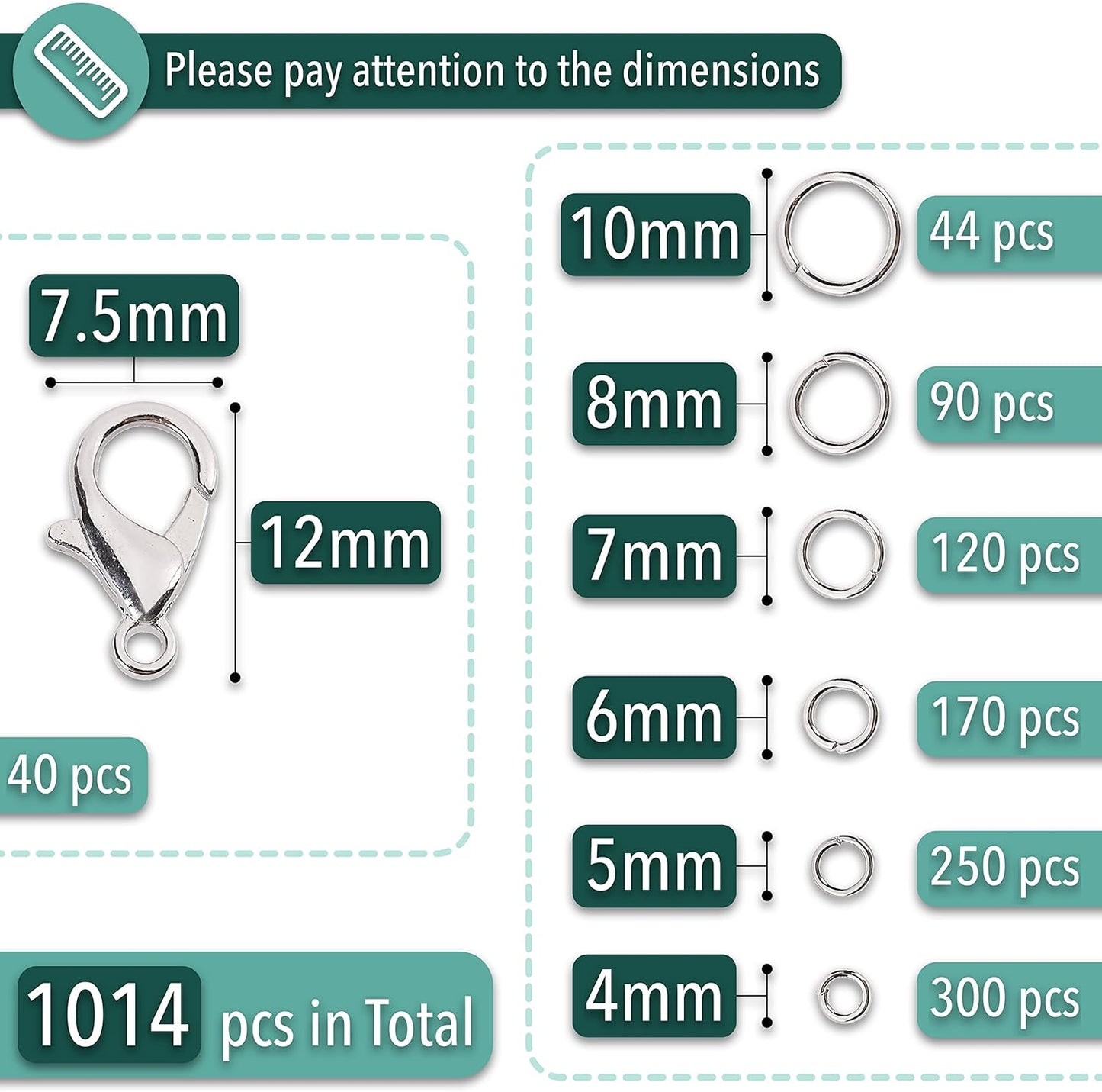 Open Jump Rings Set, 1014 pcs | Silver Metal Jump Rings with Lobster Clasps, 6 Assorted Sizes (4–10 mm), Jewelry Making Findings for DIY Crafts, Bracelets
