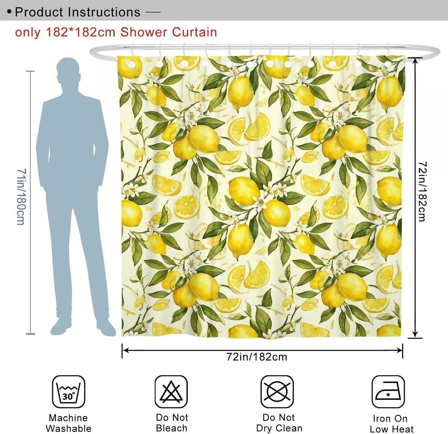 Lemon Shower Curtain, Summer Tropical Lime Leaf Summer Yellow Waterproof Fabric Decorative Bathroom Curtain for Bathroom Toile Guest Room Decor 72x72 Inch