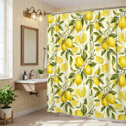 Lemon Shower Curtain, Summer Tropical Lime Leaf Summer Yellow Waterproof Fabric Decorative Bathroom Curtain for Bathroom Toile Guest Room Decor 72x72 Inch