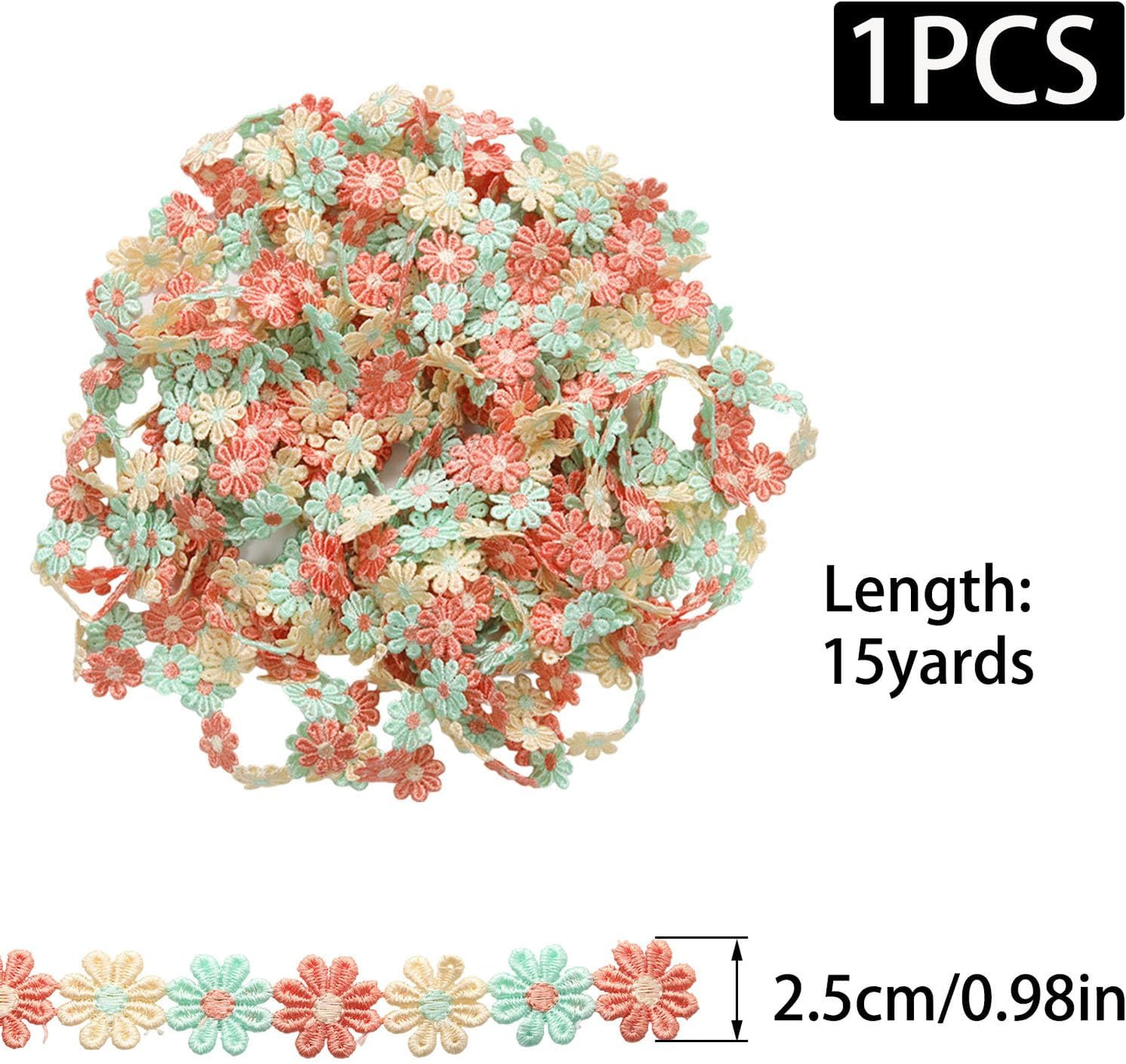 2.5CM Wide 15 Yards Colorful Daisy Flower Lace Trim Embroidered Sewing Supplies Crafts, Handmade Patchwork Ribbon for Sewing Craft, DIY (Yellow, Orange, Green)